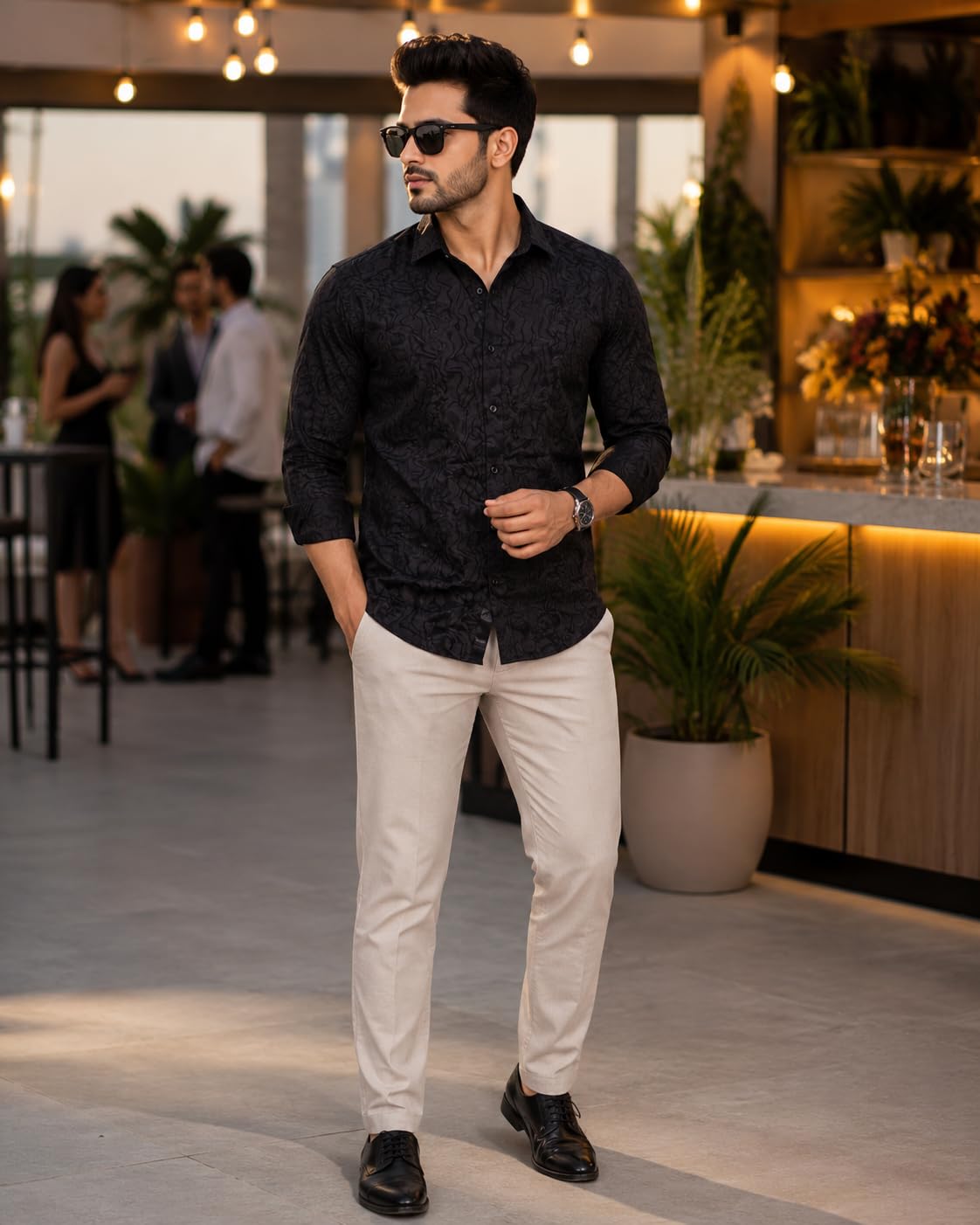 Men's Full Sleeve Textured Black Cotton Shirt, Regular Fit, Casual, Button Down, Point Collar