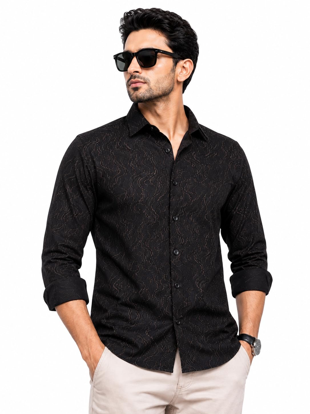 Men’s Textured Black Casual Shirt | Full Sleeve Regular Fit for Men | Premium Designer Stylish Upper Body Wear