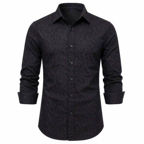 Men's Full Sleeve Textured Black Cotton Shirt, Regular Fit, Casual, Button Down, Point Collar