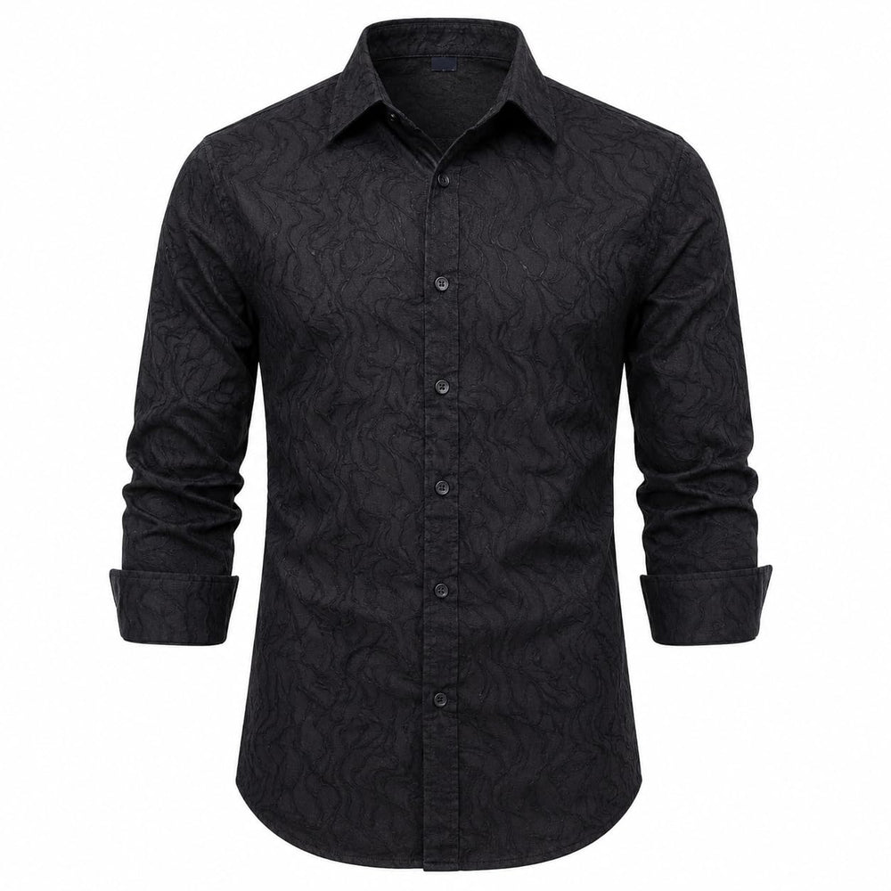 Men's Full Sleeve Textured Black Cotton Shirt, Regular Fit, Casual, Button Down, Point Collar