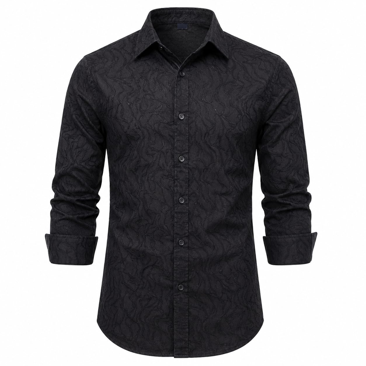 Men's Full Sleeve Textured Black Cotton Shirt, Regular Fit, Casual, Button Down, Point Collar